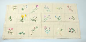 Image of Embroidered tablecloth of arctic flowers in grid